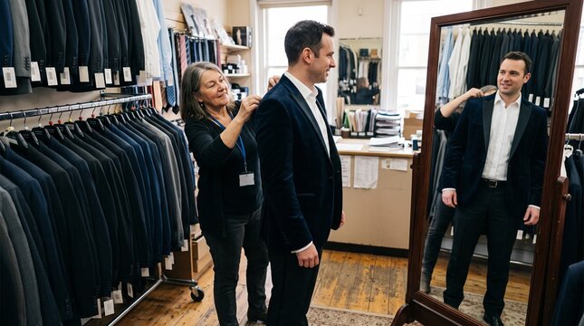 Customer tries formal jacket at clothing rental shop