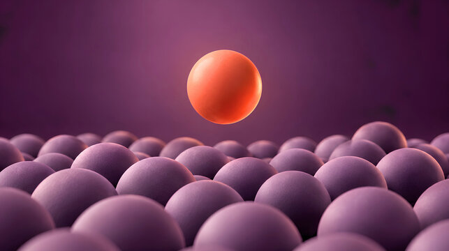 Unique Orange Sphere Standing Out from Purple Spheres Concept Background