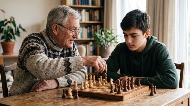 Grandparent explains chess move to teenager at home