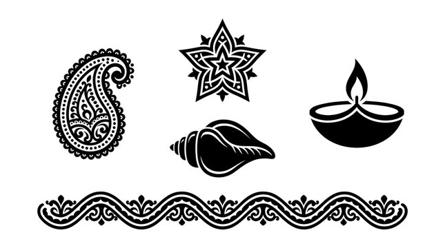 Set of traditional Indian decorative icons including paisley diya conch and ornamental border on white background