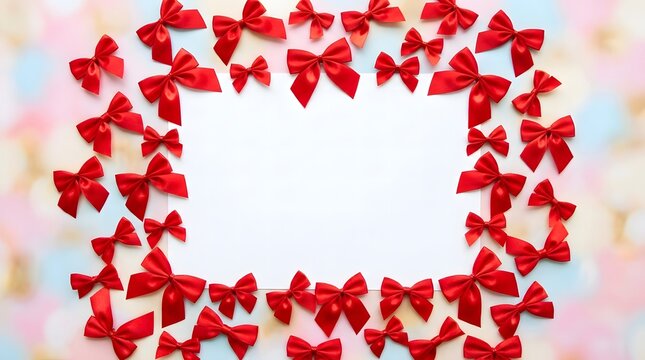 Festive christmas scene with red bows surrounding a blank white card for holiday greetings
