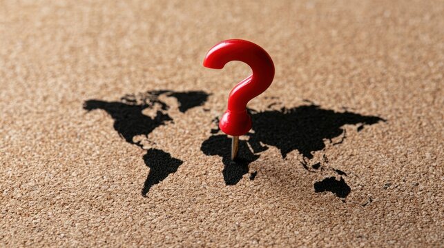 A red question mark is placed on a cork map that outlines the continents in black and brown
