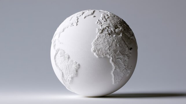 A minimalist white globe featuring detailed continents and a smooth surface against a subtle backdrop