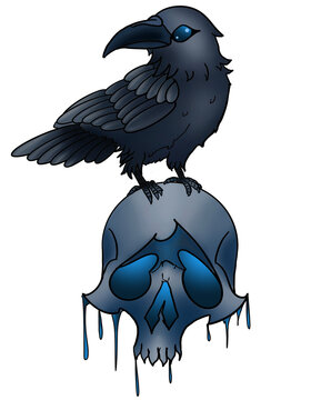Dark raven bird perched on a melting skull with blue details digital illustration