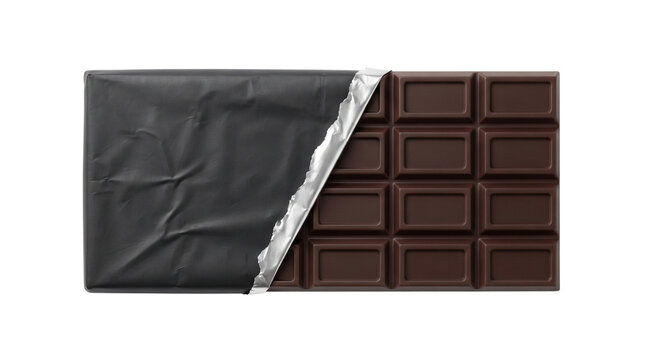 Dark chocolate bar photo. Unwrapped dark chocolate with black wrapper and silver foil on white background. Sweet snack photography for confectionery, desserts, and food packaging.