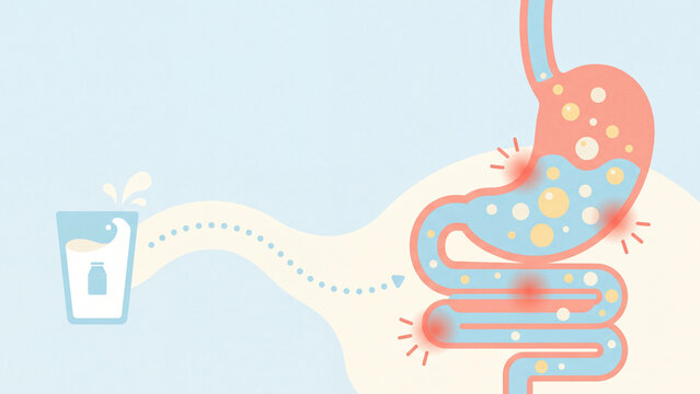 Lactose intolerance concept, glass of milk and bloated stomach and intestine with gas bubbles, flat vector illustration with copy space