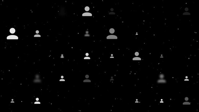 Evenly spaced user symbols of different sizes grow, shrink and fade. Seamless looped 4k animation on black background with stars