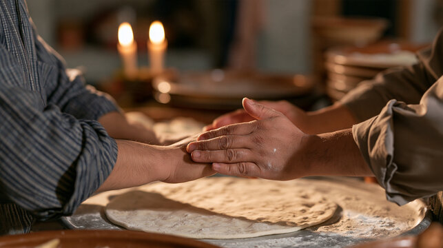 close up of a baker's hands during a Nowruz family kitchen marathon, sweat visible on the brow as a debriefing conversation happens mid shift, candlelight flickering across flour