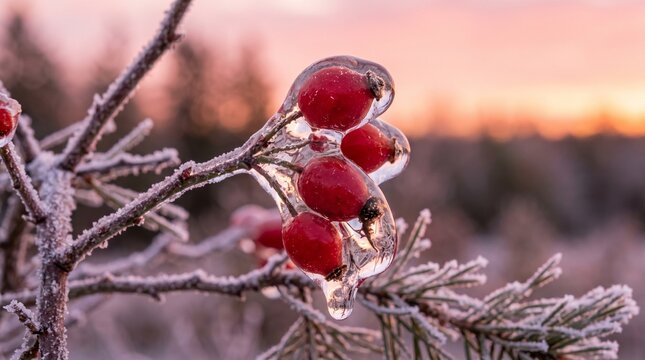 Frozen rosehip berries encased in clear ice during a cold winter sunrise