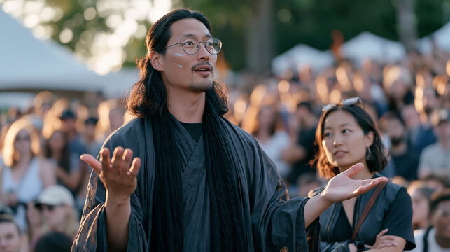 A multilingual event host translates stage instructions for a crew on a crowded festival site, a smear of face paint on his cheek from an earlier act, his partner watching with