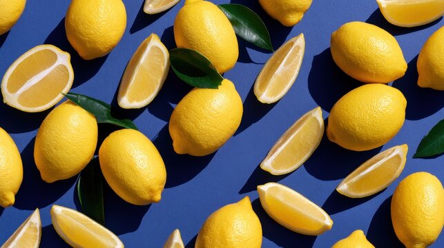 Whole lemons and lemon slices on blue background with green leaves, fresh citrus pattern and food presentation concept
