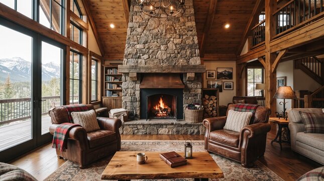 Warm and inviting rustic luxury living room in a mountain lodge with a grand stone fireplace, comfortable leather armchairs, and expansive window views