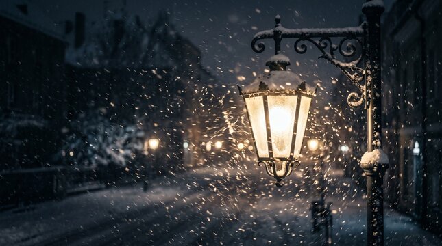 Vintage street lamp glowing warmly during a heavy snowfall at night