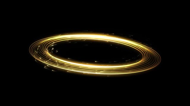 Abstract golden glowing ring of light particles spinning rapidly against a dark background glow light abstract motion light effect bright circles dynamic lines