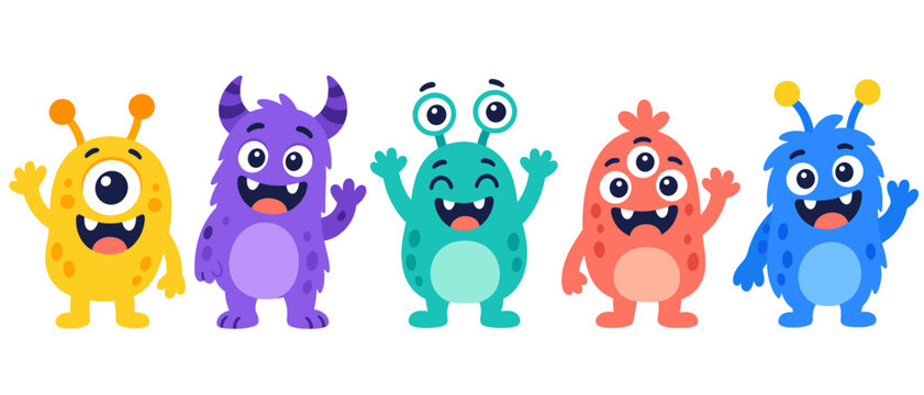 Colorful alien monster characters waving illustration