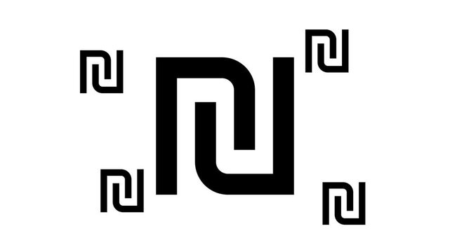 Large black shekel symbol zooms in and out at the center, surrounded by four small copies. Seamless looped 4k animation on white background