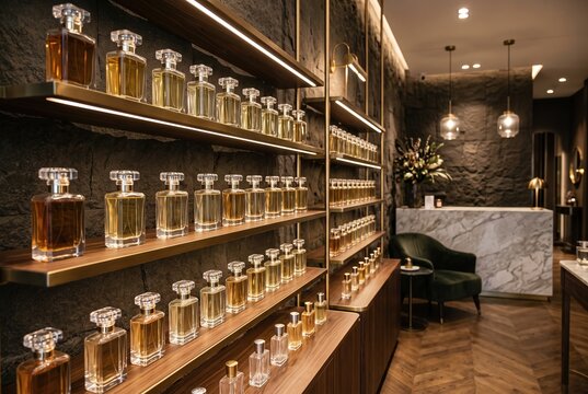 A store features shelves full of different perfume bottles. The setting is modern with a sleek design. The display shows bottles in various shapes