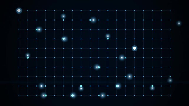 Abstract digital data center network nodes glowing on blue grid background, representing cloud computing, big data processing, internet connectivity and high-speed information technology.