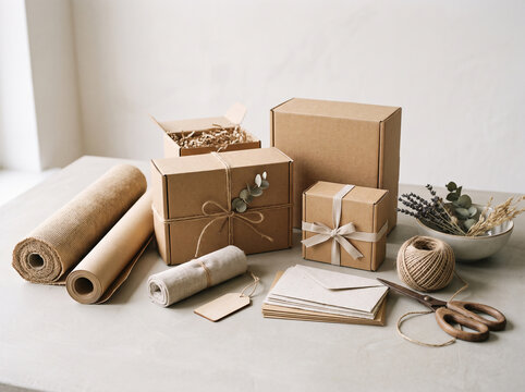 Gift wrapping supplies including brown paper rolls and string lie on a light table.