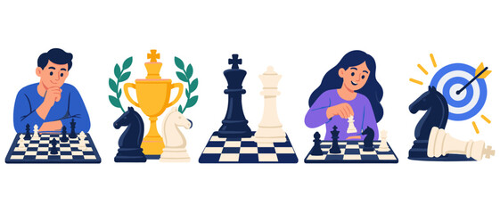 Chess players with trophy and target in a chess illustration set © Andrei