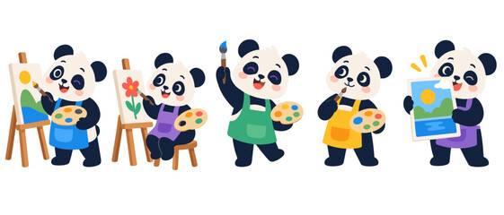 Set of cute panda artists painting and displaying artwork © Andrei