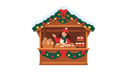 Obraz premium Festive Christmas bakery stall with pastries and waving vendor