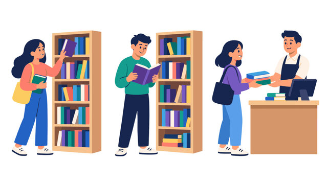 Library visitors browsing reading and checking out books