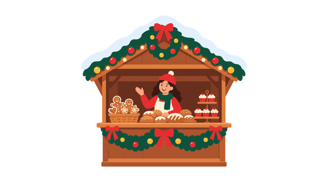 Festive Christmas bakery stall with pastries and waving vendor