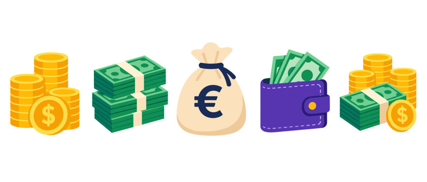 Set of money icons with cash coins wallet and euro symbol