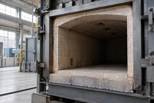 Industrial furnace with open refractory chamber in factory. Energy crisis and industrial energy costs. Industrial heat processing and manufacturing. Energy efficiency and heavy industry.