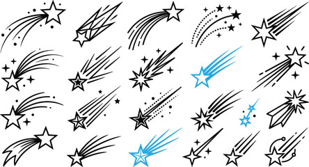 Shooting star icon set featuring black outline comets astronomy sparkles and blue sparkling meteor streak elements © mdtanjimul