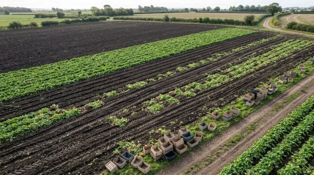 Freshly Harvested Radish Field Viewed From Above Showcasing Rows and Baskets of Produce