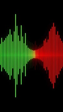 Colorful audio wave visualization with green and red sound bars on black background for music and sound concept