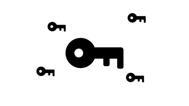 Large black key symbol zooms in and out at the center, surrounded by four small copies. Seamless looped 4k animation on white background