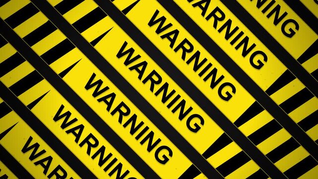 Industrial Yellow Warning Tape with Bold Black Text and Diagonal Stripes Scrolling Diagonally Across the Screen, Concept for Safety, Caution, Hazard, Construction, and Restricted Area Protection.