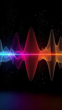 Colorful sound wave visualization with blue red and orange glowing lines on black background for music and technology