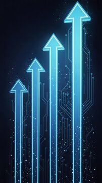 Futuristic blue glowing arrows pointing upward with digital circuit background symbolizing growth and technology