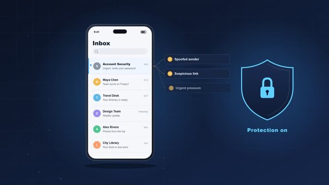 Phishing protection software blocking spam email on a smartphone for cybersecurity and threat detection