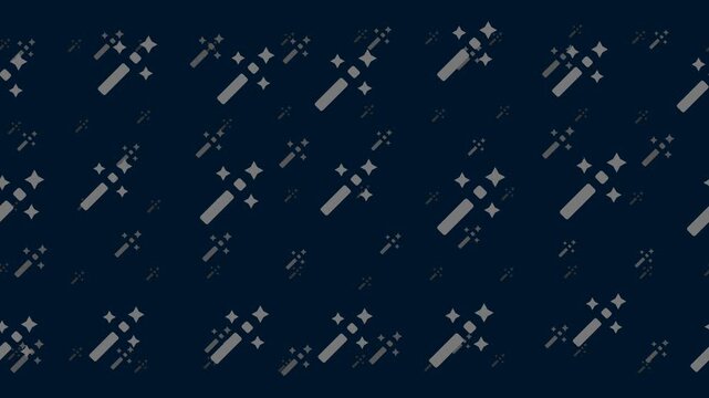 Magic wand symbols drift from left to right in three parallax layers, scattered at random. Seamless looped 4k animation on dark blue background