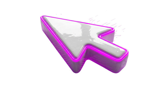 Cursor arrow with white body and pink glowing border isolated on a plain transparent background representing digital user interface navigation.