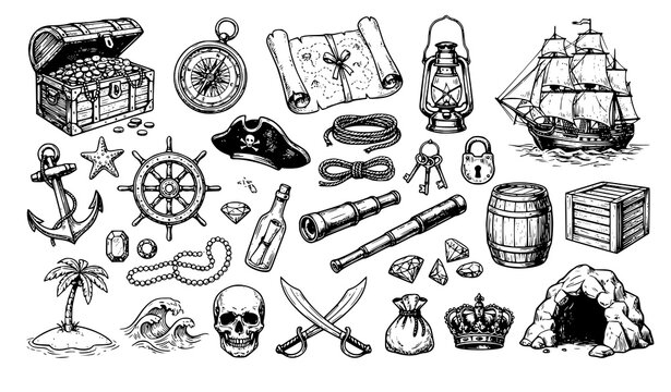 SEO Title: Pirate Treasure Hunt Adventure Sketch Vector Illustration Collection