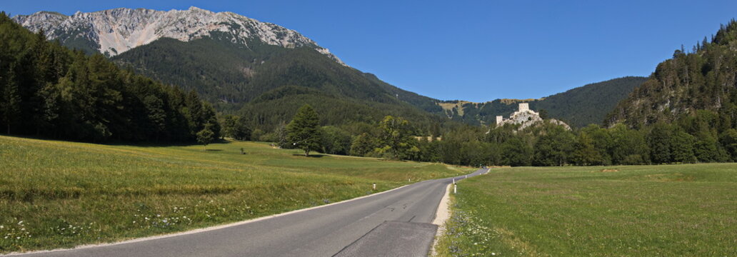 Panoramic view of Schneeberg and castle Losenheim at Puchberg am Schneeberg in Lower Austria,Austria,Europe

