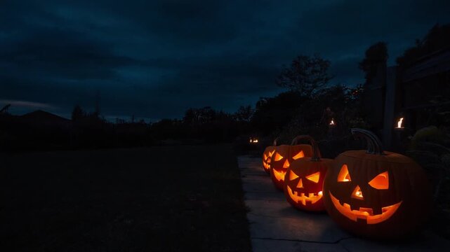 Row of Jack O Lantern Carved Pumpkins Glowing on Garden Path at Twilight Night, Halloween Motion Background Full HD