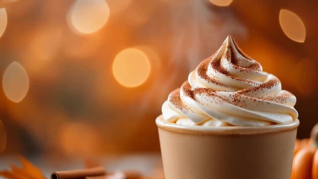 Steaming Pumpkin Spice Latte with Whipped Cream against Glowing Autumn Bokeh Background, Cinematic 1080p Motion Graphics