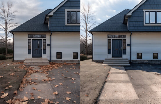Split image displays a house with scattered autumn leaves on the lawn and walkway on the left, contrasted with the same house with a perfectly clean yard on the right.