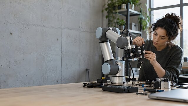 Engineer adjusting a collaborative robot arm at a workbench