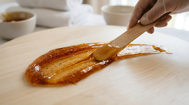 Gloved hand spreading sugar wax paste with wooden spatula for waxing