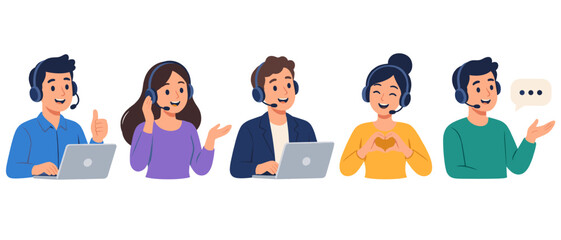 Naklejka na ściany i meble Cartoon customer service team with headsets and laptops