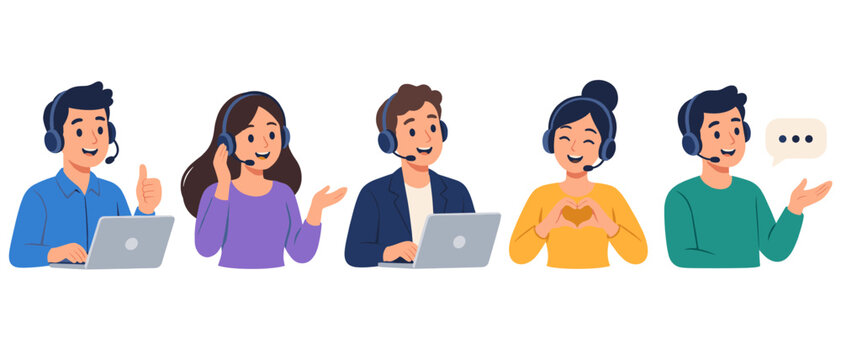 Cartoon customer service team with headsets and laptops