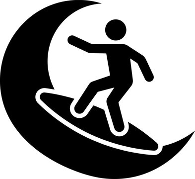 Flat black icon of a person surfing on a crescent moon shape